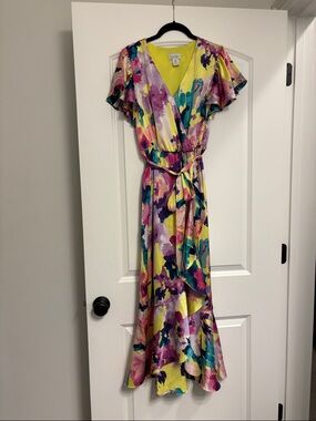 Nicole Miller Yellow Multi Floral Wrap Maxi Dress